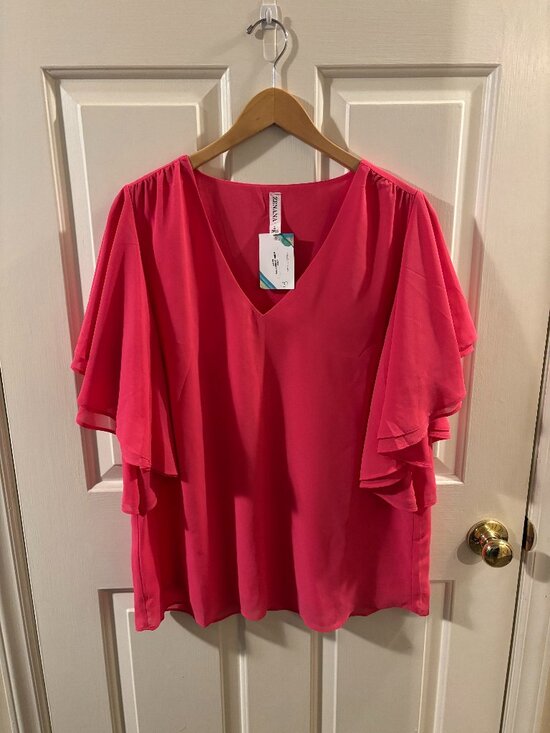 Zenana Outfitters Tops - Zenana Women's Pink Woven Chiffon Double-Layer Flutter Sleeve Blouse - Lg - NWT